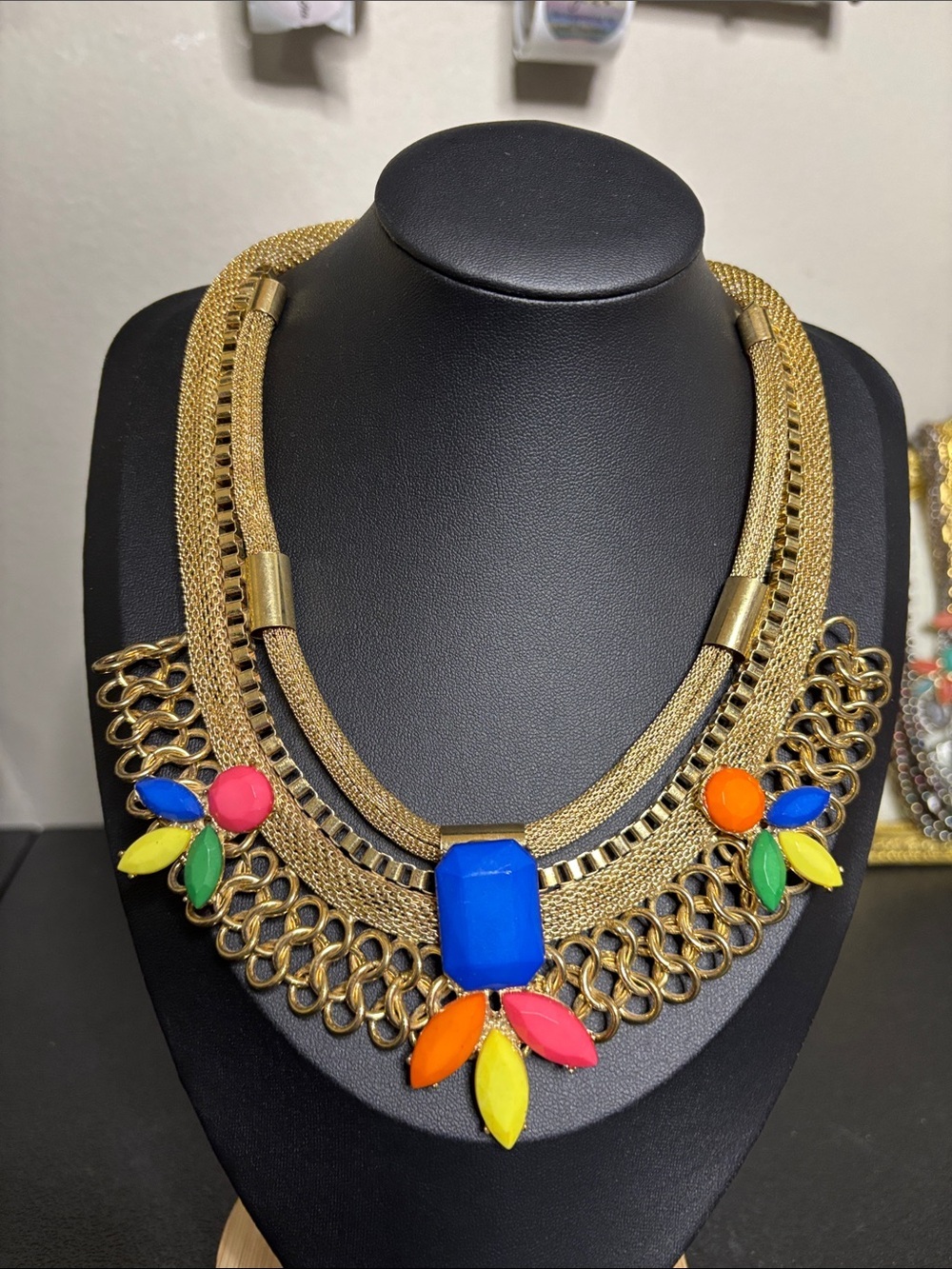 Statement Gold-Tone Multi-Color Bib Boho Chunky Necklace